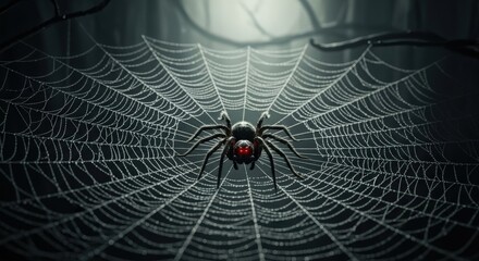 A spider with a red hourglass marking on its abdomen sits in its web.