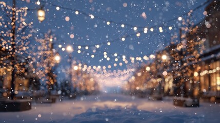 Wall Mural - winter holiday celebration with bokeh lights and falling snow creating a magical festive atmosphere