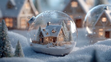 Wall Mural - snowy christmas ornaments with winter village