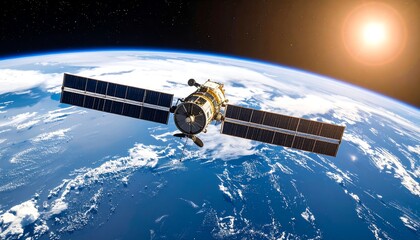 A satellite, equipped with solar panels, orbits planet Earth, bathed in the warm glow of the sun. This celestial body's blue and white patterns are striking. Space is a vast expanse
