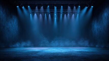 Wall Mural - stunning photo of dark stage shows, empty dark blue background, neon light, spotlights, the asphalt 