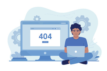 Young man sitting cross-legged with laptop near computer displaying 404 error page with abstract background elements transparent background