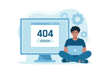Person sitting with laptop next to computer displaying 404 error page modern digital design concept transparent background