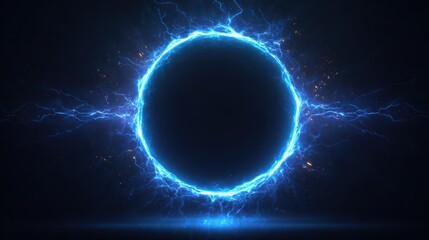Wall Mural - stunning photo of electric blue lightning frame with plasma portal on dark background. round glowing