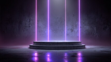 Wall Mural - stunning photo of 3d podium in a dark futuristic room with glowing purple neon lights, abstract pede