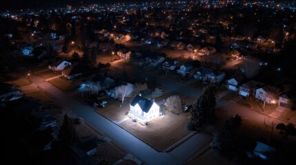 Wall Mural - stunning photo of single brightly lit house glowing in the middle of a pitch-black neighborhood duri