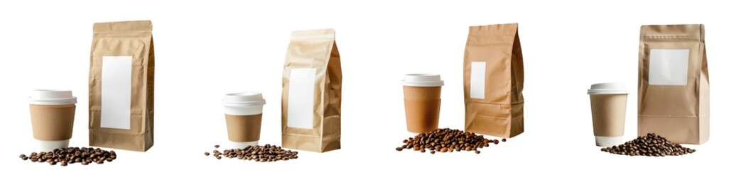 Coffee packaging and cups with coffee beans isolated on transparent background
