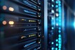© TommyNa - Row of modern servers in a secure data center with blue illuminated lights, symbolizing cloud computing, IT infrastructure, network storage, digital systems, and technology
