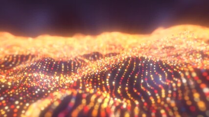 Wall Mural - glowing orange and red light dots form flowing waves across a dark abstract digital surface