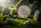 Shamanic drum with a spiral design and drumstick lies on mossy ground surrounded by ancient moss-covered stones at sunset.