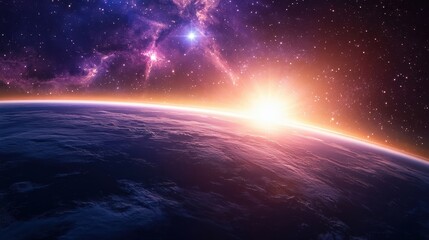 Stunning view of Earth as the sun rises from behind the horizon in outer space. A beautiful cosmic display adds to the beauty.