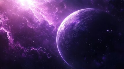A stunning view of a purple planet surrounded by bright cosmic clouds and stars in the vast universe, showcasing the beauty of space.