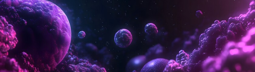 A swirling, vibrant display of purple and violet celestial bodies in deep space.