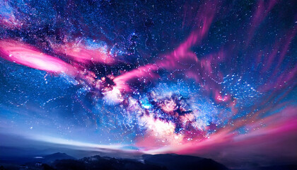 Wall Mural - a stunning cosmic scene featuring vibrant colors of pink and blue swirling amidst a backdrop of star