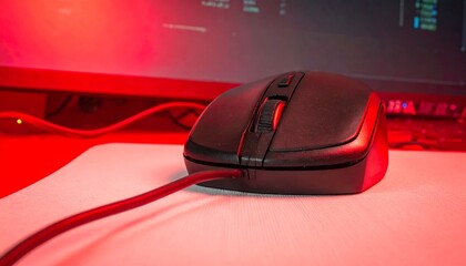 A black computer mouse on a red desk in front of a monitor showing code