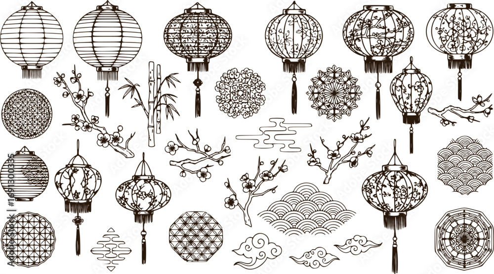Set of Hand Drawn Oriental Elements. Traditional Asian Lanterns and ...
