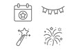 © Sonia - Holiday and celebration vector icon set. Outline symbols of a special event calendar, party bunting, magic wand, and festive fireworks. Thin line graphics for modern design.
