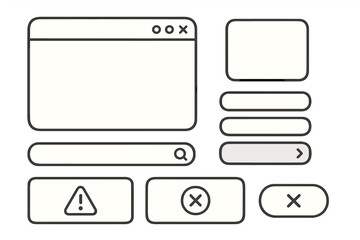 minimalist user interface element kit. gui design with window, frame, buttons, alerts, and search ba
