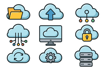 Cloud computing icon set. Data storage, server hosting, network security & file sync. Technology service & application symbols for web & mobile. Vector cartoon illustration.