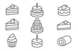 © Sonia - Cake icon set dessert and pastry line art collection. Sweet food symbols for bakery, cafe menu. Birthday, wedding party celebration elements. Cupcake, pie slice vector icons.