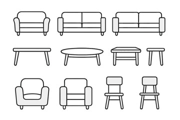 Home furniture line icon set with couch, sofa, armchair, table, chair. Living room interior design elements. Minimalistic linear vector pictogram collection. Editable stroke.