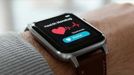 A smartwatch on a persons wrist displays a health application The screen shows a red heart a heart rate graph text and a blue button