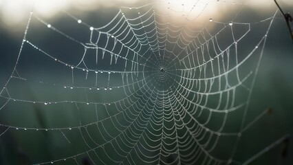 Dew-covered spiderweb at sunrise, intricate design