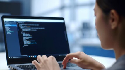Woman coding laptop office modern background