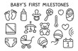 © Влада Яковенко - Baby's First Milestones. Hand-drawn doodle illustration baby’s first milestones footprints, baby bottle, pacifier, rattle, swaddle