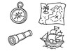 © Korina - Pirate adventure icon set with treasure map, compass, sailing ship, and spyglass. Hand-drawn line art for exploration, discovery, and nautical themes. Vintage sea voyage vector.