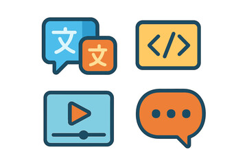 Modern flat icon set for web and app design. Vector symbols for language translation, programming code, video media player, and chat communication. UI UX graphic elements.