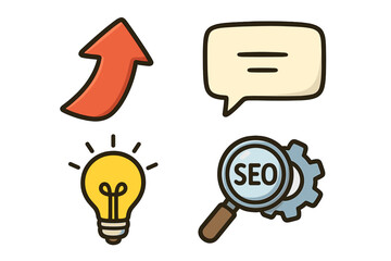 SEO marketing icon set for business growth strategy. Vector cartoon illustration of idea, communication, and analysis. Search engine optimization development concept symbols.