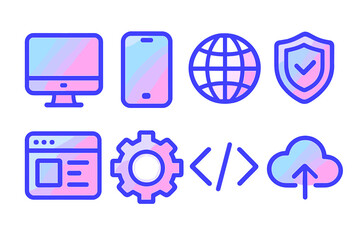Modern gradient technology icons for web design and development concepts, digital devices, cybersecurity, cloud upload, coding and internet network symbols with transparent background