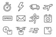 © Coosh448 - Express Delivery Icons. Outline icon set of express delivery: stopwatch, lightning bolt symbol, high-speed truck, fast airplane,