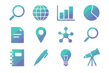Wall Mural - Industry Research Icons. Gradient icons set of industry research and exploration: magnifying glass, world globe, bar chart, pie