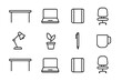 © Павел Озарчук - Minimalist Home Office Icons. Outline icon set of Minimalist home office: clean desk, laptop, notebook, chair,