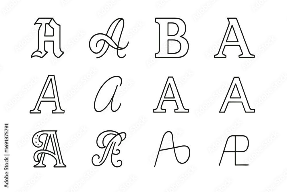 Outline Lettering Icon Set. Outline icon set of lettering styles: gothic script, cursive swirl, block serif, brush lettering,