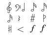 © Coosh448 - Musical Icon Grid. Outline icon set of musical notes and symbols: treble clef, bass clef, quarter note, eighth note, sixteenth