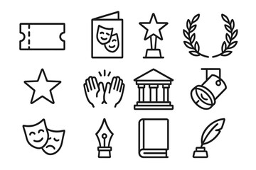 Performing Arts Icons. Outline icon set of performing arts culture: theater ticket, program booklet, award trophy, laurel wreath,