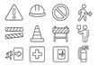 © Coosh448 - Safety Icon Set. Outline icon set of site signage and barriers: danger sign, hard hat area, no entry symbol, pedestrian detour,
