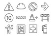 © Coosh448 - Safety Icon Set. Outline icon set of site signage and barriers: danger sign, hard hat area, no entry symbol, pedestrian detour,