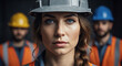 © atika - A determined woman wearing a hard hat, standing in front of her construction crew in a portrait style