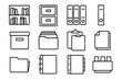 © Coosh448 - Study Materials Icons. Outline icon set of study materials organization: bookshelf, filing cabinet, labeled folders, binder,