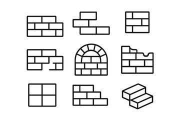 Brick wall line icon set for construction. Building masonry and brickwork outline signs. Vector icons of block, stairs, arch, and window for web design, apps, and graphics.