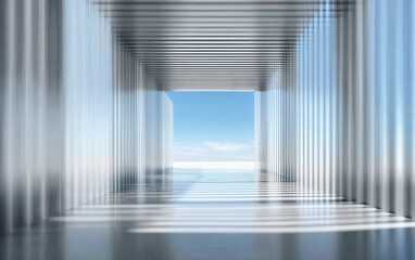 Modern and futuristic corridor leading to a bright open sky