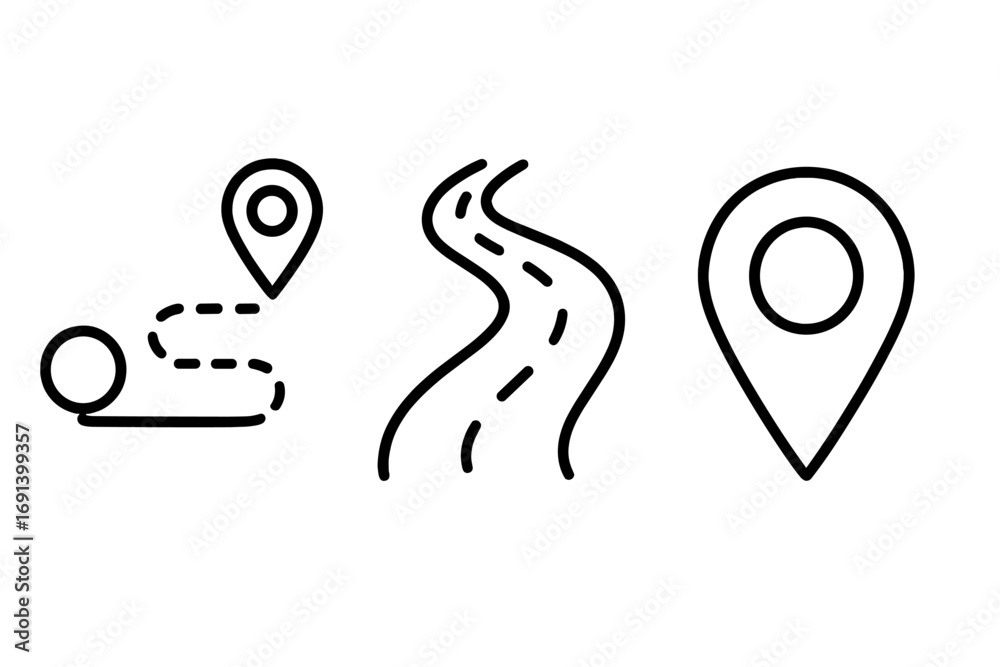 Route and road map icons, location pin and winding road outline vector ...