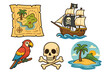 © Tanja - Pirate adventure elements cartoon vector set. Includes treasure map, ship with Jolly Roger flag, parrot, skull and crossbones. Tropical island and sea journey concept icons.