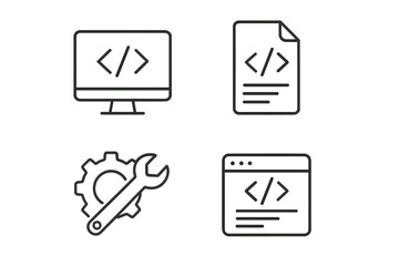 Minimalist line icons for coding and programming, software development and coding symbols set, vector cartoon illustration with transparent background, tech and programming tools