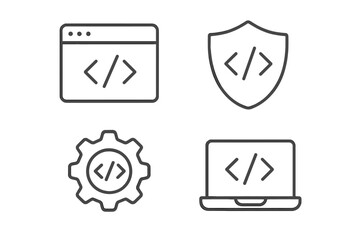 Minimalist line icons for coding and programming concepts, vector cartoon illustration set with transparent background, including browser, shield, settings gear, and laptop symbols, code tags
