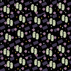 Seamless pattern with flip flops clovers and stars on black background